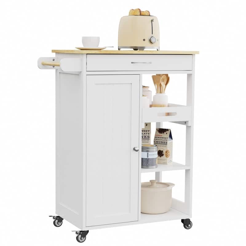 Kitchen Trolley Rolling Island Cart with 1 Drawer, Storage Cabinet and 3 Tier Storage Shelves