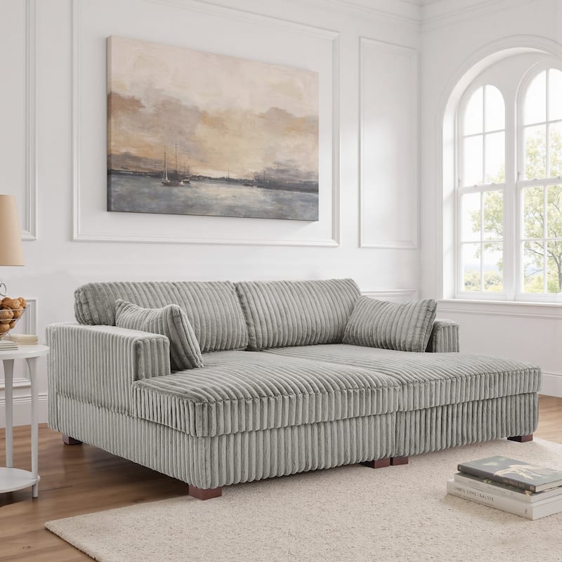 Sophia 84" W Plush Corduroy Chaise Lounge Modular Sectional Sofa - Light Grey