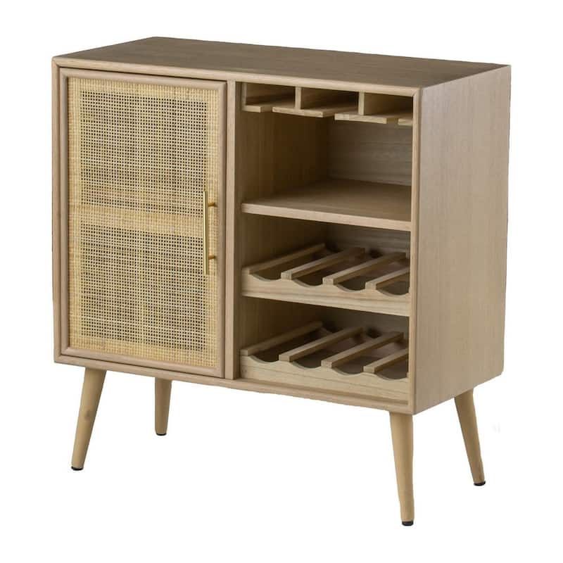 Wood Wine Cabinet, 2 Shelves, 11 Racks, Rattan Door - 31 H x 14 W x 29.5 L Inches - Brown