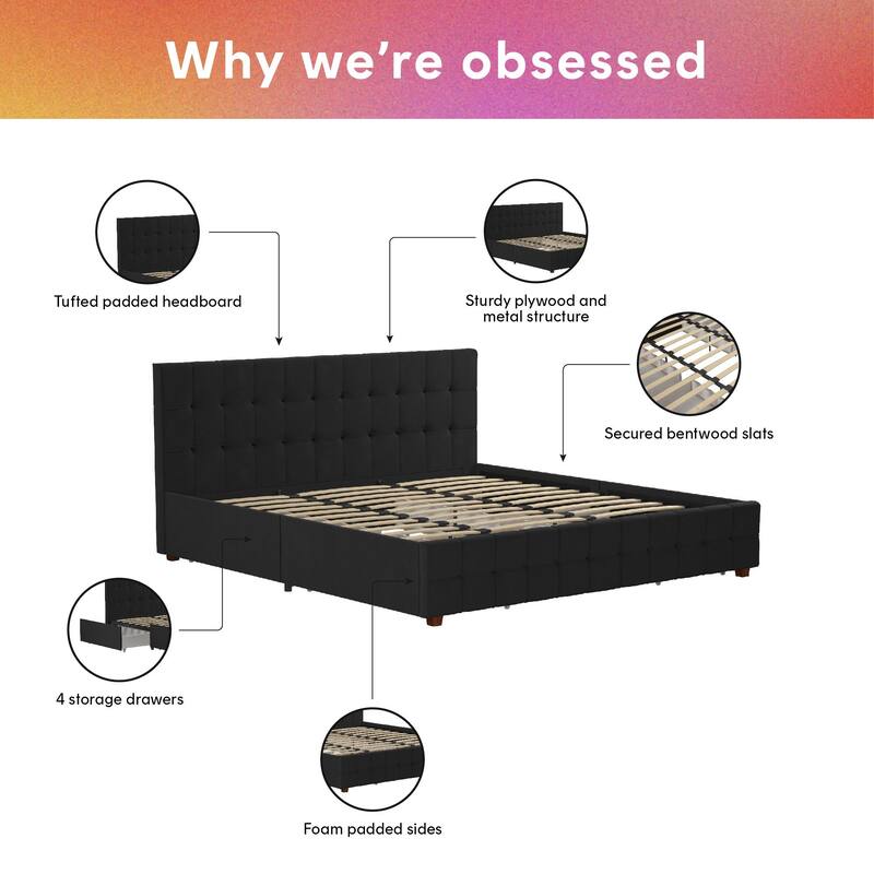 Roomfitters King Velvet Upholstered Bed Frame with Storage Drawers and Square Tufted Headboard, Black
