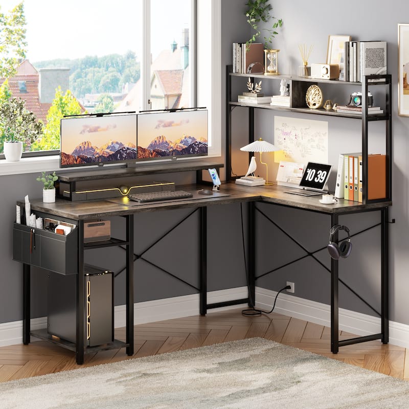 Farmhouse L-shaped Corner Desk with Charging Station, Gaming Table with Hutch and LED Light
