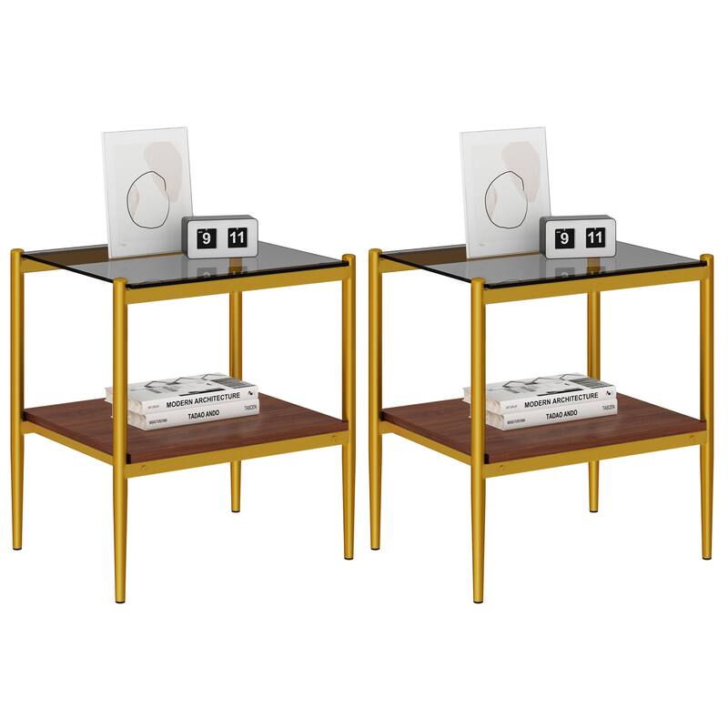 Set of 2 Rectangle End Table Tempered Glass Tabletop with MDF layer
