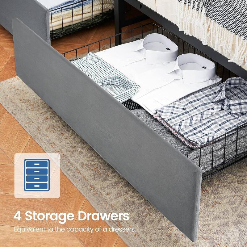 Velvet Bed Frame with Four Storage Drawers and USB Charging Station