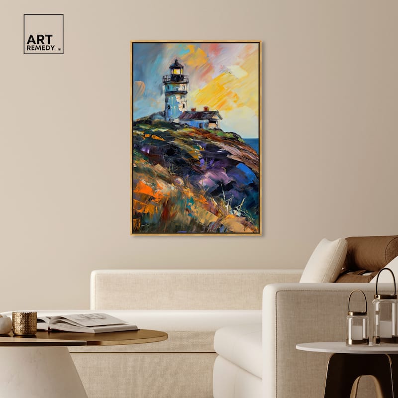 Art Remedy Colorful Lighthouse Framed Impressionism 1 Piece Canvas Wall Art /Monet And Van Gogh Inspired Art