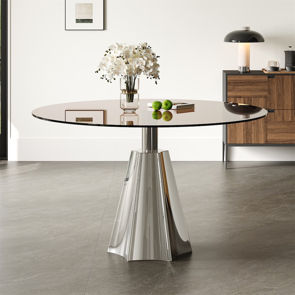 Compact Round Dining Table, Black Glass Top & Silver Flared Base