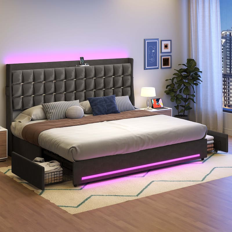 Moasis King Size Velvet Platform Bed with 4 Drawers RGB Lights and Charging Station No Box Spring Needed
