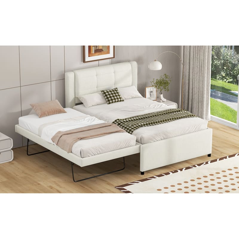 Full Size Upholstered Platform Bed with Adjustable Trundle, Beige