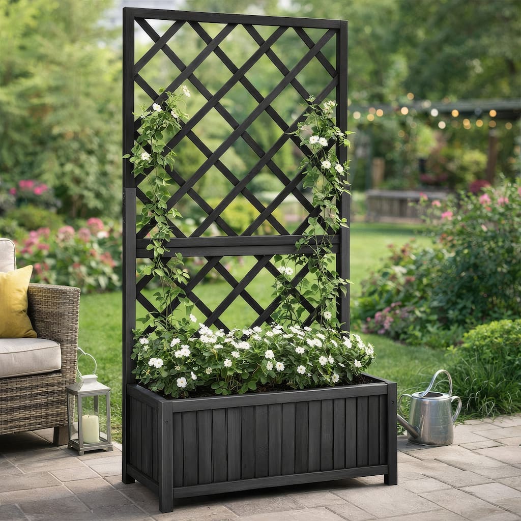 Madie Outdoor Garden Planter, Trellis Design, 53 Inch Black Fir Wood