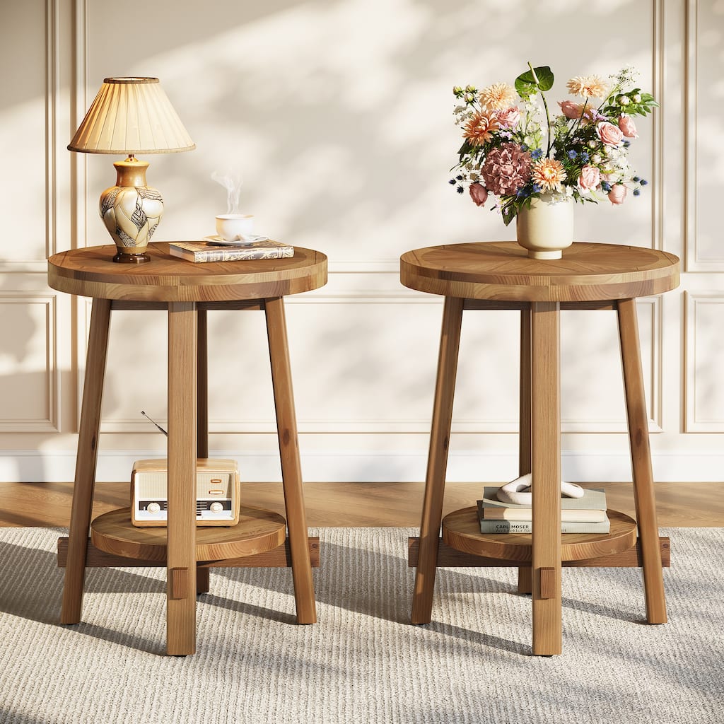 Round Side Table, Solid Wood 2 Tier End Table for Living Room