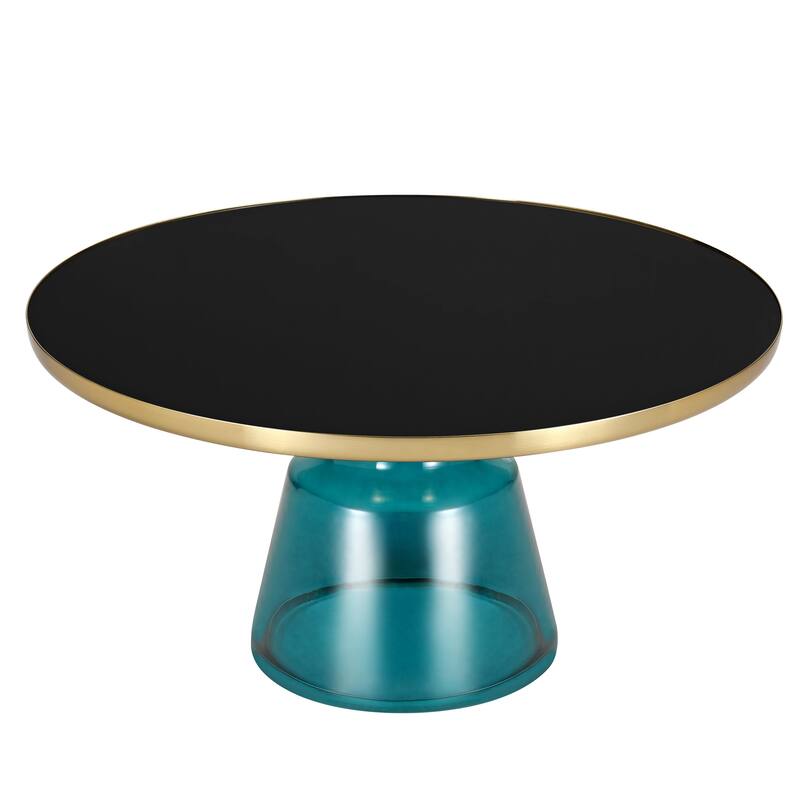 30-Inch Round Coffee Table Glass/Stone Tabletop with Gold Iron Rim Frame Glass Pedestal Base - Blue/Black Glass
