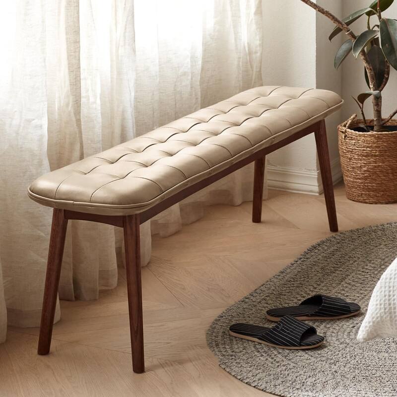 Natural Oak Wood for Dining Bench Table Bench for Living Room With Leather Cushion - Khaki+Brown