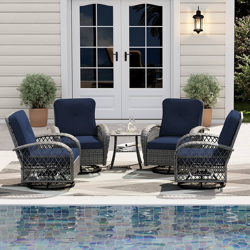 UPHA 5-Piece Patio Outdoor Wicker Swivel Rocking Chair Set with Side Table and Cushions - Blue