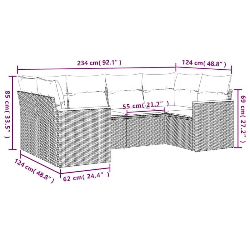 vidaXL Patio Sofa Set with Cushions Outdoor Furniture 6 Piece Poly Rattan - 24.4 x 24.4 x 27.2 in