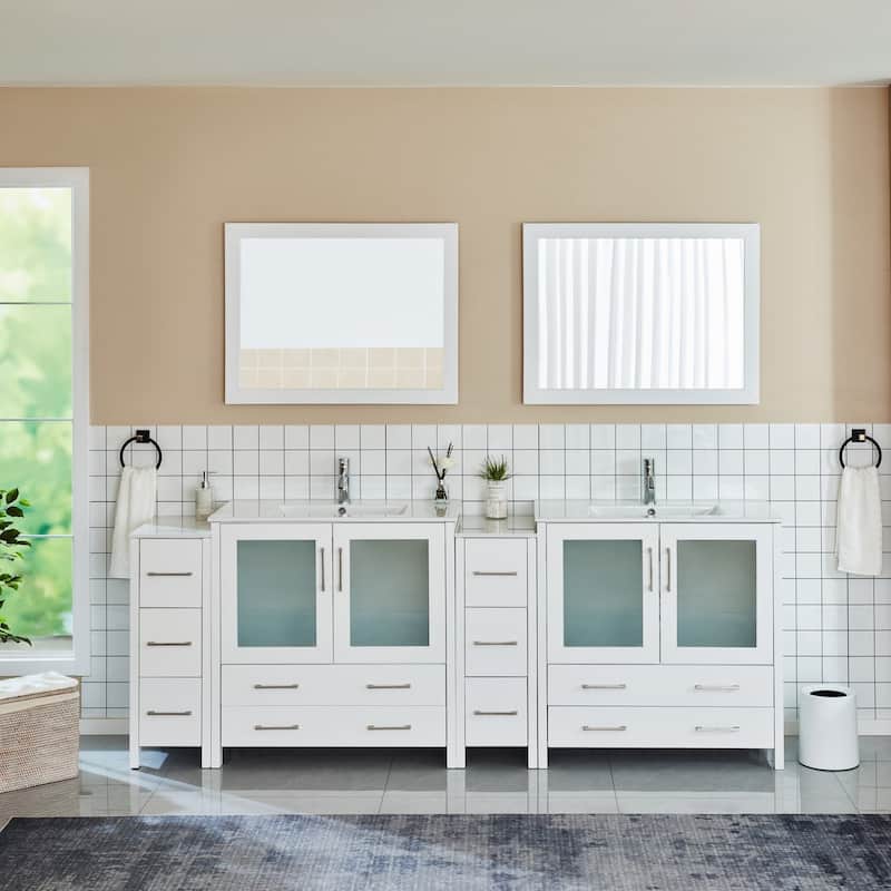 Vanity Art 96" Double Sink Bathroom Vanity Set 10 Dove-Tailed Drawers, 3 Cabinets, 2 Shelves Soft-Closing Doors with Free Mirror - White