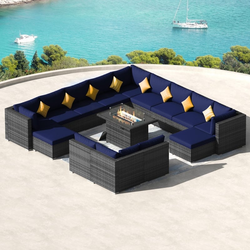 FINCATI 15 Piece Grey Wicker Patio Conversation Set with Ottomans, Fire Pit Table
