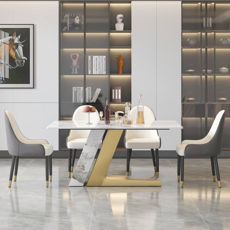 Modern Slate Kitchen Dining Table with White Rectangle Sintered Stone Top and Metal Legs -- 63''/71''/79''