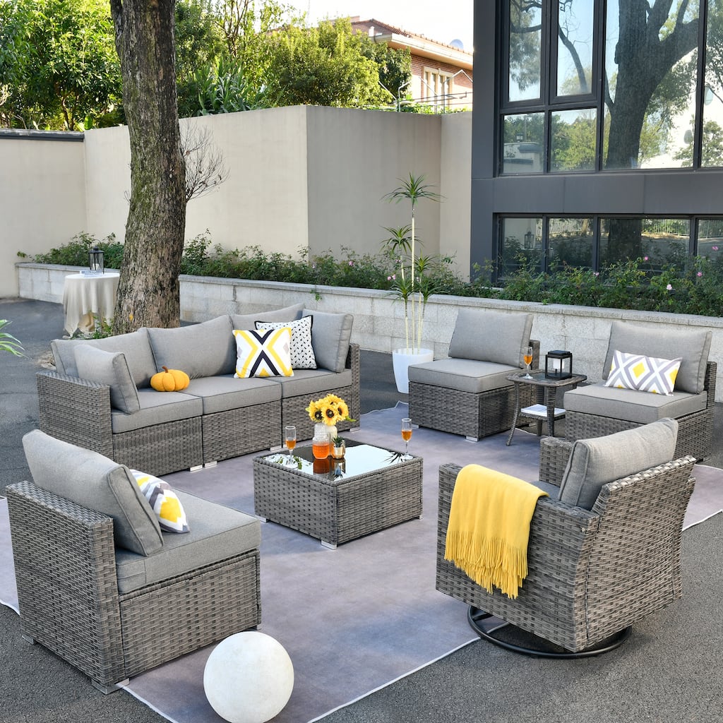 HOOOWOOO 9-piece Grey Wicker Patio Outdoor Sectional Set with Swivel Rocking Chair
