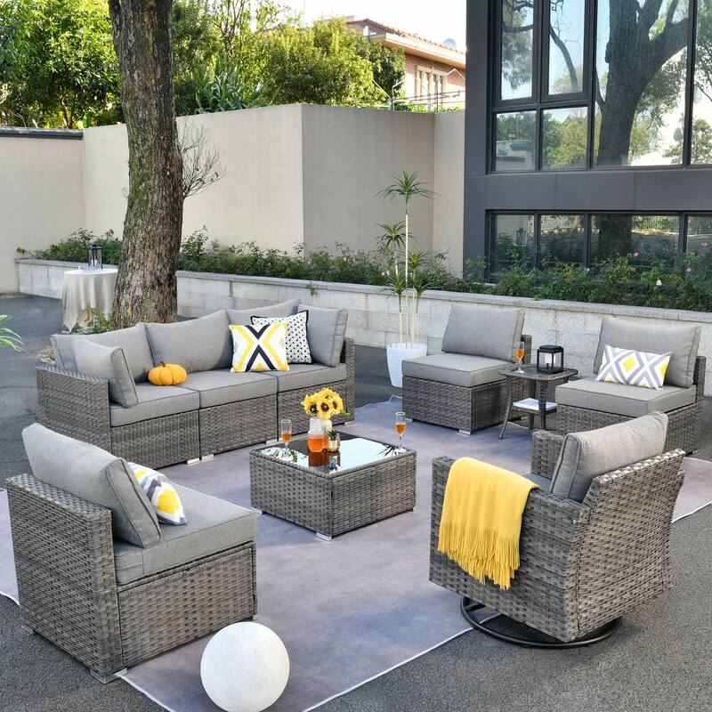 HOOOWOOO 9-piece Grey Wicker Patio Outdoor Sectional Set with Swivel Rocking Chair - Dark Grey