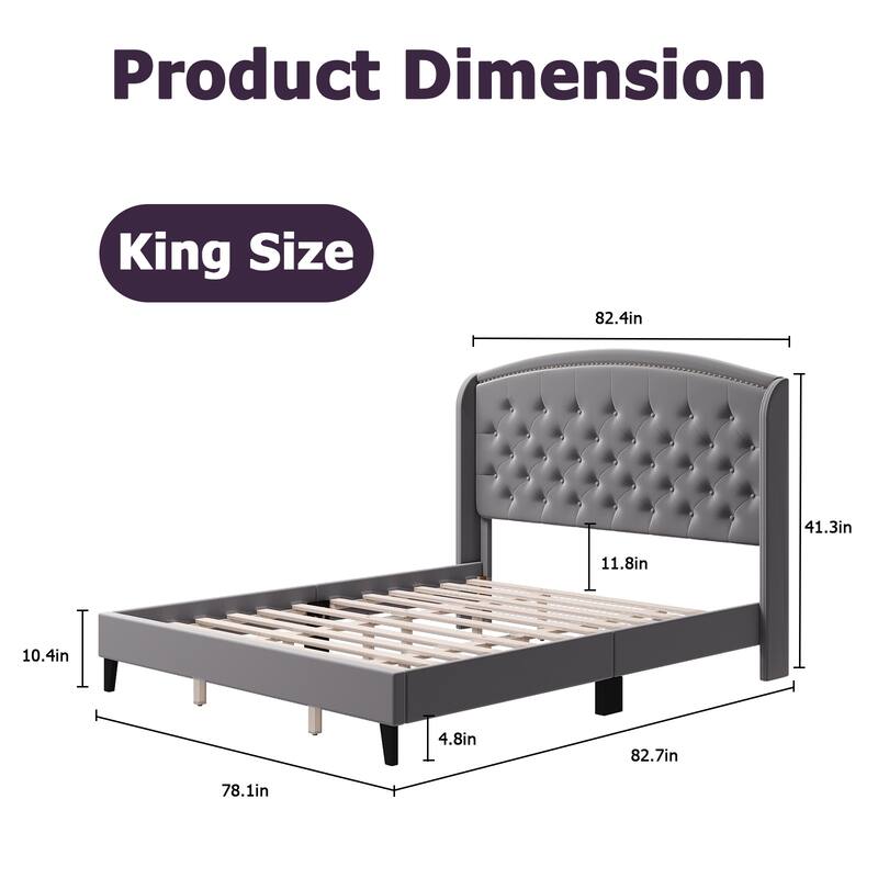 Platform Bed Frame Full with Upholstered Wingback Headboard