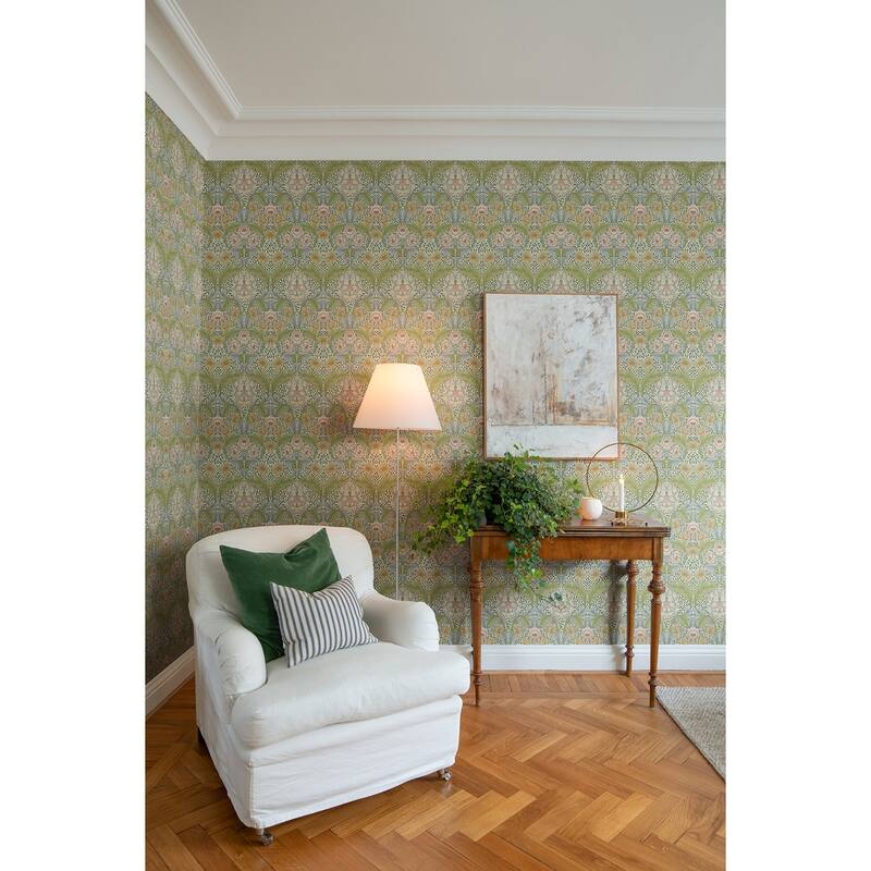 Myrtle Green Floral Ogee Wallpaper