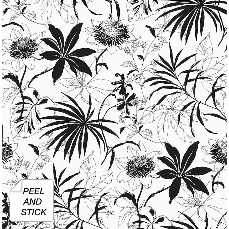 NextWall Tropical Garden Peel and Stick Removable Wallpaper - 20.5 in. W x 18 ft. L - 20.5 in. W x 18 ft. L - Black & White