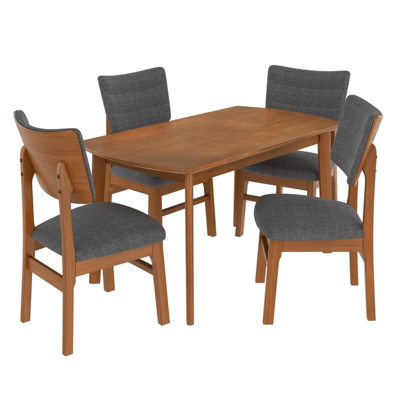 Farmhouse 5-Piece Dining Table Set, Rubberwood Table & 4 Upholstered Chairs Set, Space-Saving Dining Room Dining Set