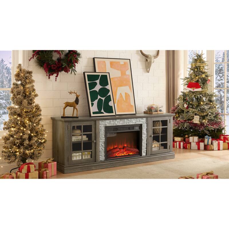 Fireplace TV Stand with 23" Electric Fireplace, Faux Stacked Stone Surround Media Cabinet TV Console for TVs up to 75"