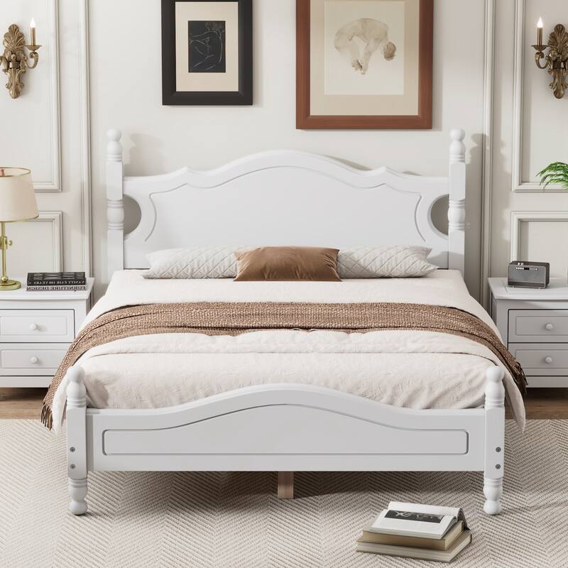 Full Size Wood Platform Bed Frame,Retro Style Platform Bed with Wooden Slat Support - White