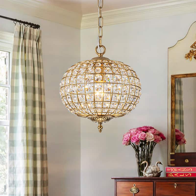 Retro French 4/5-Light Antique Brass Globe Crystal Chandelier for Living/Dining Room - 1-Light W11.8" × H18.1" - Brass