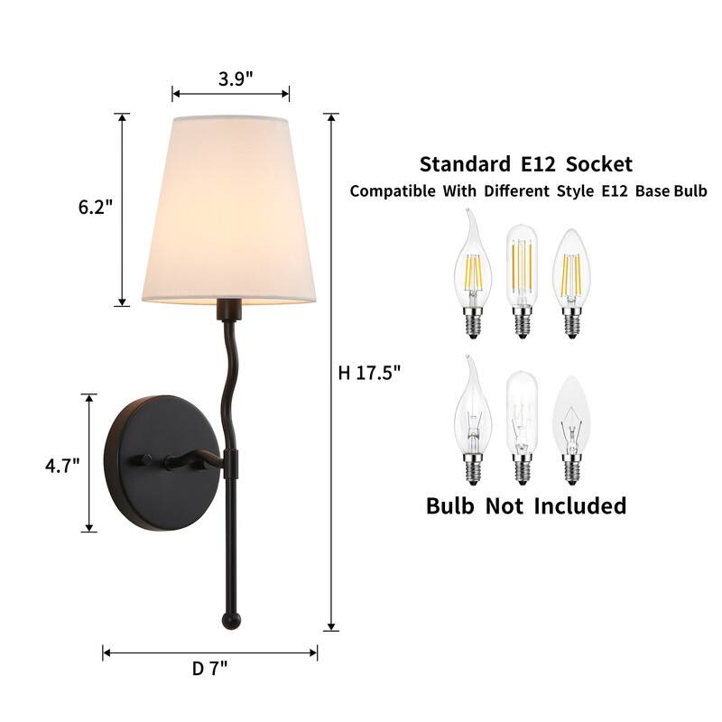 KAWOTI 17.5" Painted Black Wall Sconce with White Fabric Shade - W6" x H17.5"（Set of 2）