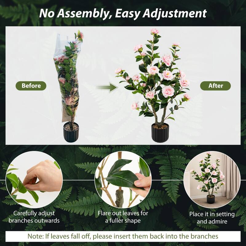 Set of 2 Faux Pink Camellia Plant with Silk Flowers and Rubberized Leaves Include Cement Base for Home Decor - 38"H