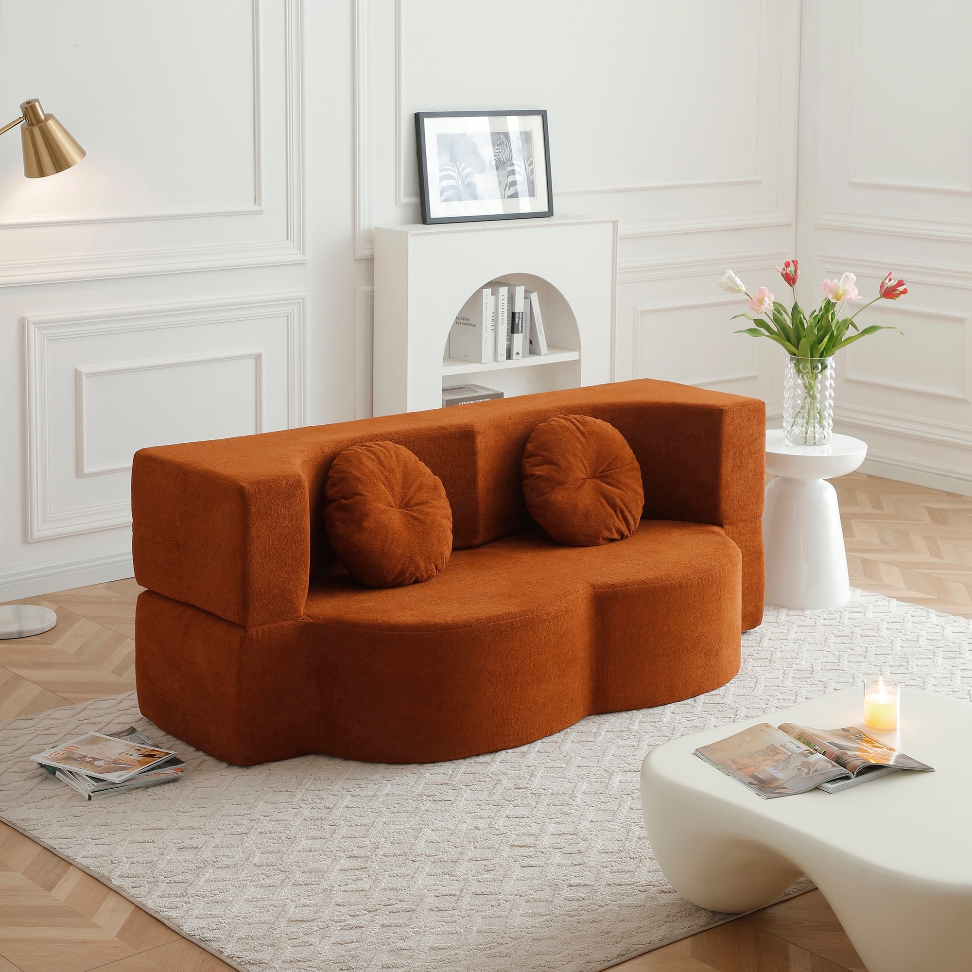 Futon Upholstered Sofa with Pillow, 2-in-1 Folding Sofa Bed Convertible Floor Sleeper Sofa for Living Room, No Assembly Required