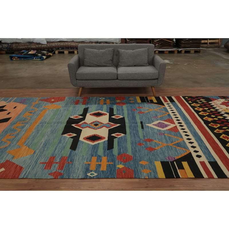 Hand Woven Oriental 100% Wool Carpet Southwestern Tribal Navy Blue & Blues Kilim Area Rug - 14' 10'' X 7' 0''