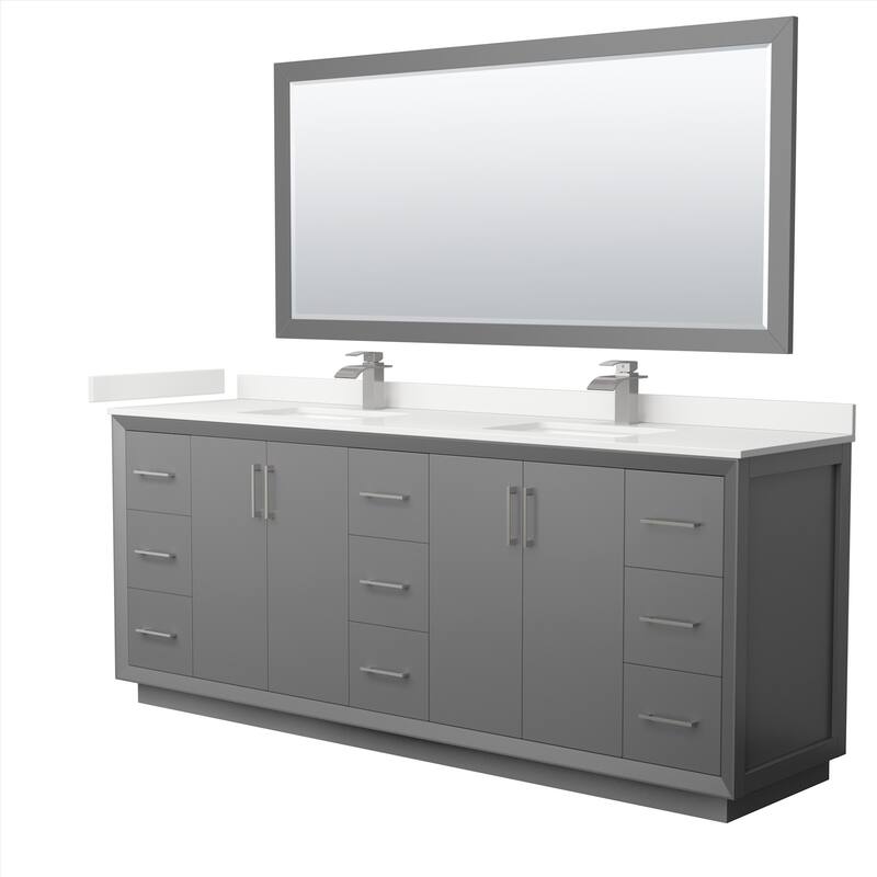 Wyndham Collection WCF414184D-QTZ-UNSM70 Strada 84" Free Standing - Dark Gray / White Quartz Top / Brushed Nickel