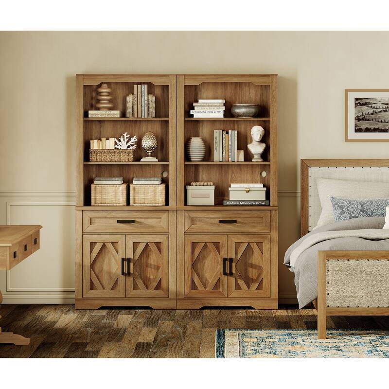 5 Tier Bookcase with Barn Door,73.3" Tall Open Storage Bookshelf - Vintage Oak