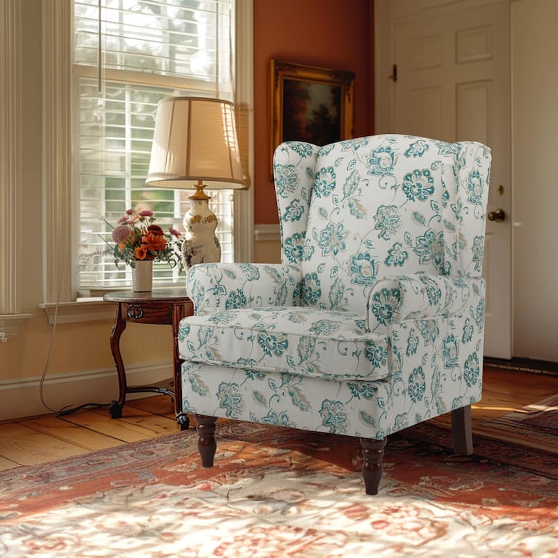Erommy Modern Accent Chair, High Back Armchair, Upholstered Fabric Button Single Sofa with Wooden Legs for Living Room - Green - Flower