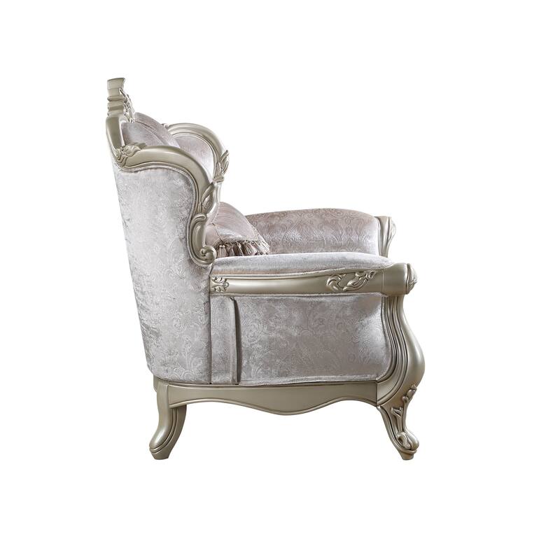 Kerra Accent Chair with Classic Gold Ornate Carvings, Beige Velveteen