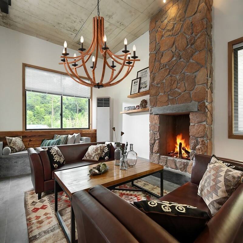 Vintage Farmhouse Chandelier Candle Style Wooden Chandelier Pendant Light Adjustable Height Rustic Hanging Light 