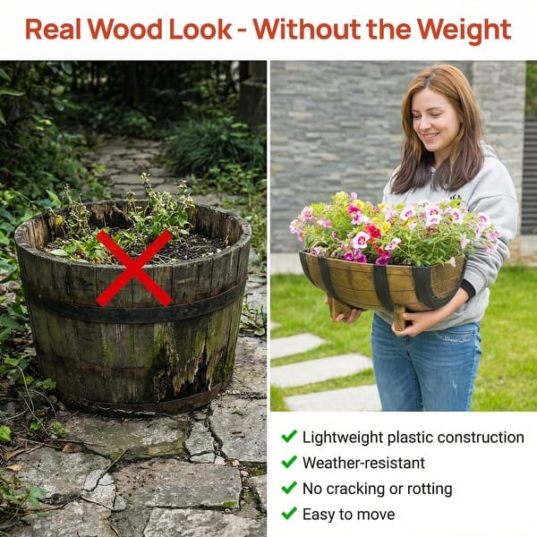 Gardenised Rustic Wood-Look Plastic Half Barrel Flower Pot Garden Planter (Pack of 2)