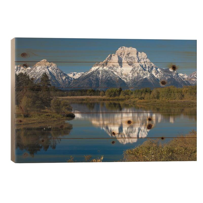 Reflection Of Mountain And Trees On Water, Teton Range, Wyoming, USA II Print On Wood by Panoramic Images - Multi-Color - 26x40x1.5