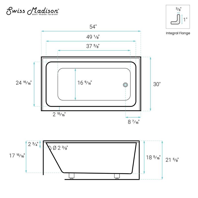 Lausanne 54" X 30" Right-Hand Drain Alcove Bathtub With Apron - 30x54 Right