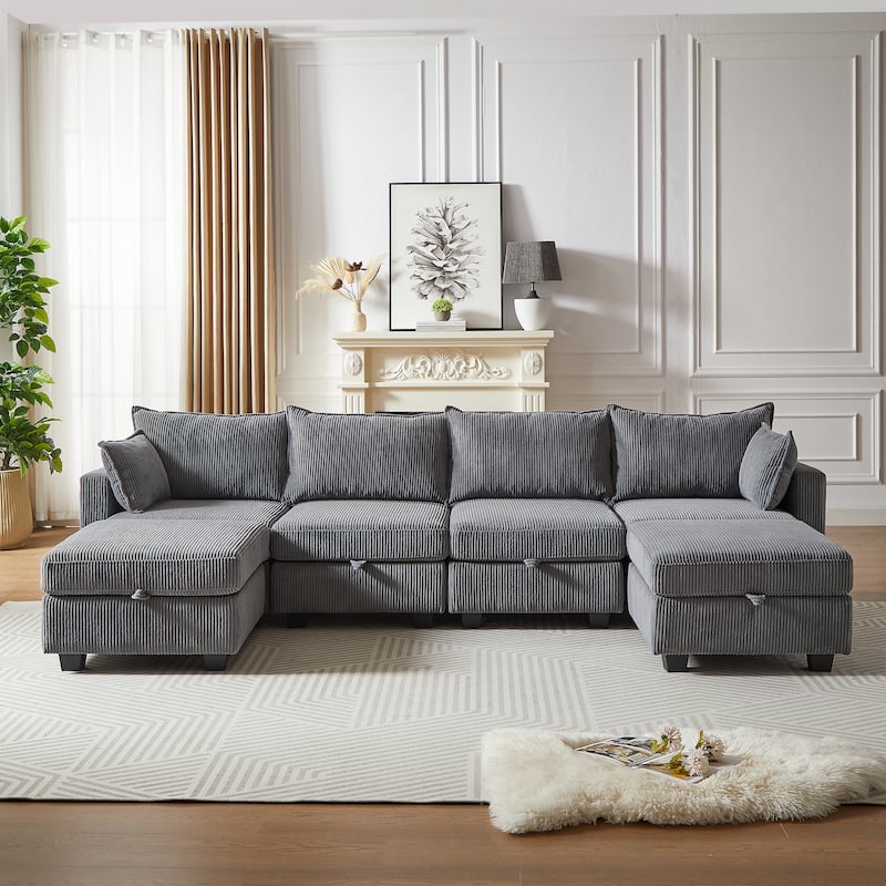 Roomfitters 113.5" Modular Corduroy U-Shaped Sectional Sofa, 6-Seater Convertible Couch with Chaise and Storage Ottoman
