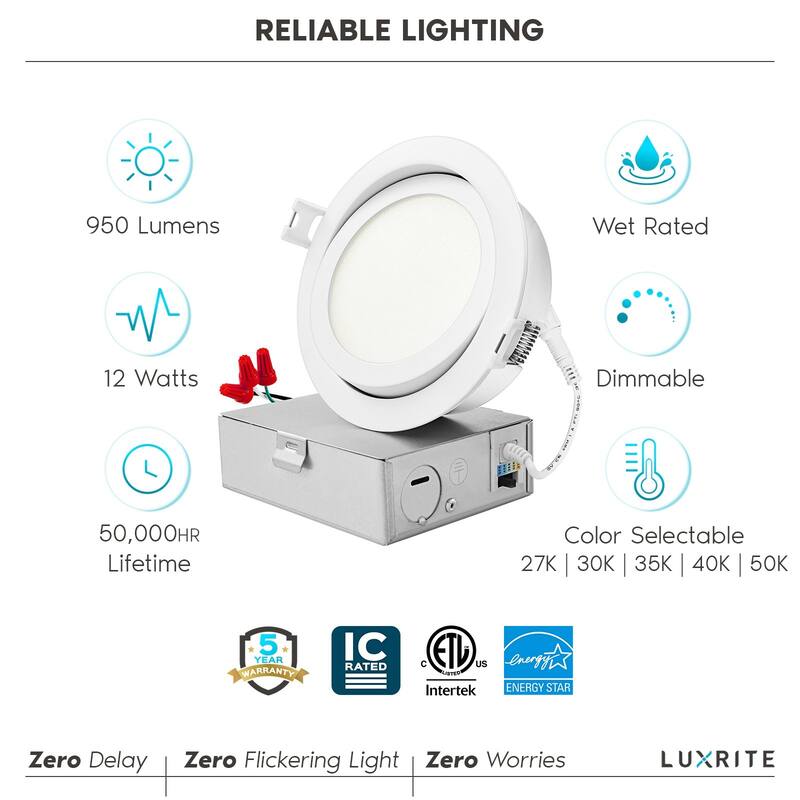 Luxrite 4 Inch Gimbal LED Recessed Lighting, 5 CCT 2700K-5000K, 950 Lumens, Dimmable, 12W, Wet Rated, ETL Listed 4-Pack