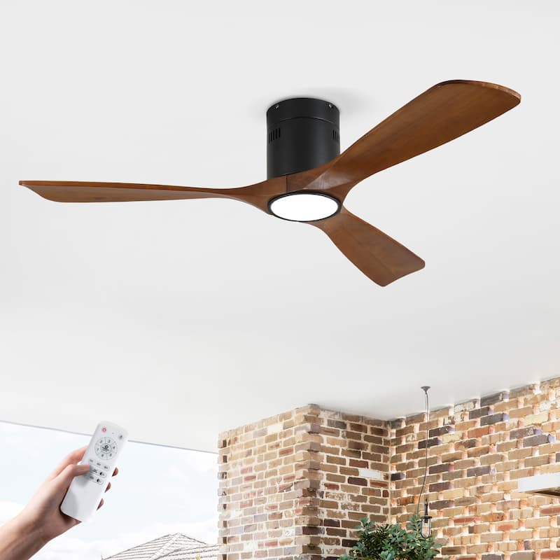 52 Inch Mounting Type Solid Wood Ceiling Fan With Light Kit Dimmable LED, DC 6 Speed ,Remote Control Ceiling Fan - Matte Black,Wood