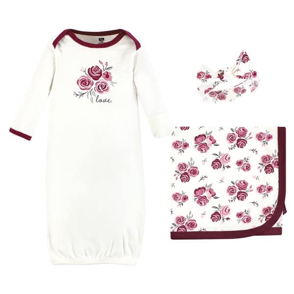 slide 1 of 1, Hudson Baby Infant Girl Gown, Swaddle Blanket and Cap or Headband, Rose, 0-6 Months - Rose 0-6 Months - Rose
