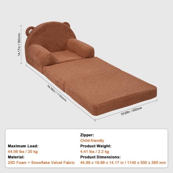 Brown Velvet Kids Sofa Chair, Foldable, Soft and Easy to Clean - 44.88” L x 19.69” W x 14.17” H