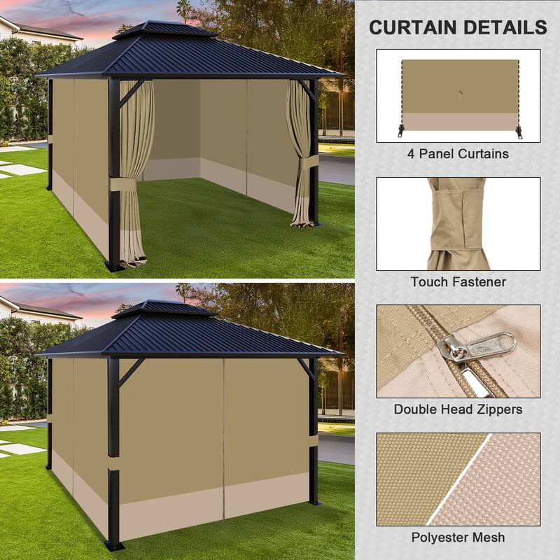 Aoodor 12x16 ft Outdoor Gazebo Curtains, 4 Panels Waterproof Privacy Sidewall Replacement with Zipper