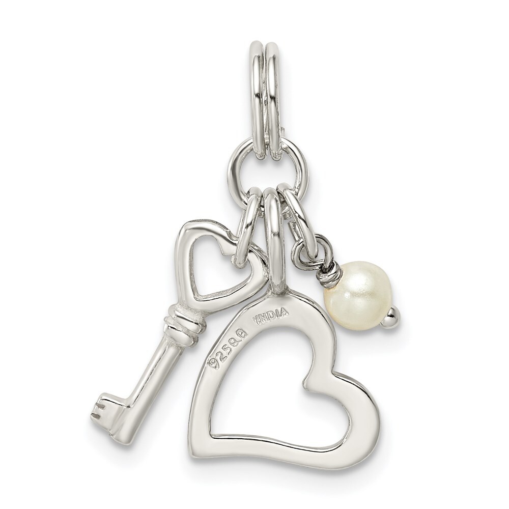 Beautiful Sterling silver 925 sterling Sterling Silver Polished Key and Heart w/Simulated Pearl Charm 
