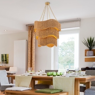 Mira 5-Light 3 Tiers Handwoven Coastal Chandelier in Brass Braided Woven Shade - 25 in.