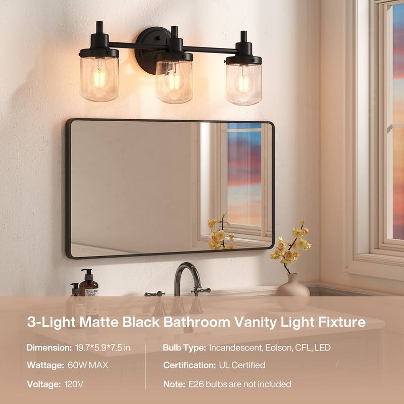 3-Light Bathroom Vanity Light with Seeded Glass Shades - 19.7'' W × 5.9'' D × 7.5'' H